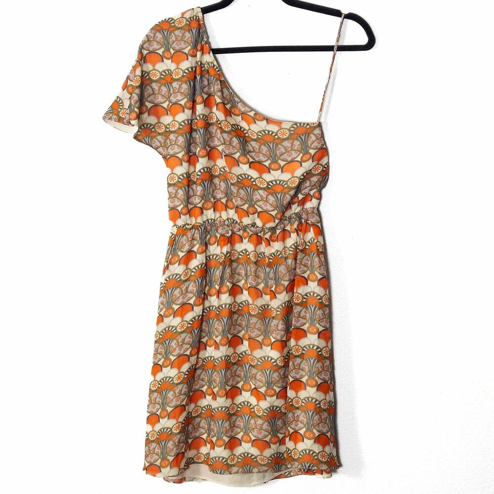 Alice + Olivia One Shoulder Dress Size S Orange Boho Retro Y2K Print